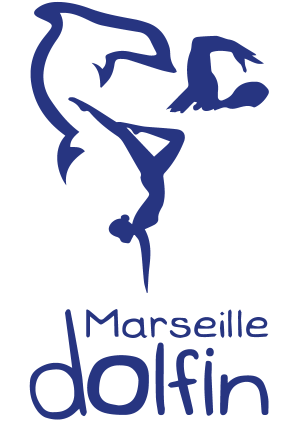 logo marseille dolfin avec un dauphin et deux nageurs en bleu, et "Marseille dolfin" est marqué en bas